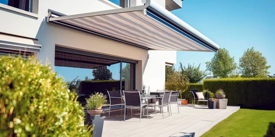 outdoor-striped-canopy-over-tables-and-chairs-near-trees-and-lawn