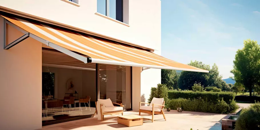 yellow-awning-over-patio-with-trees-and-chairs